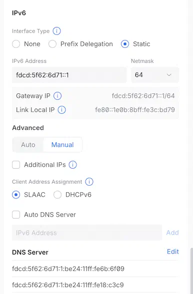 UniFi network IPv6 settings showing Interface Type set to Static with a manual ULA address and /64 netmask, SLAAC for client addressing, and the DNS Server list manually pointed at two addresses instead of Auto