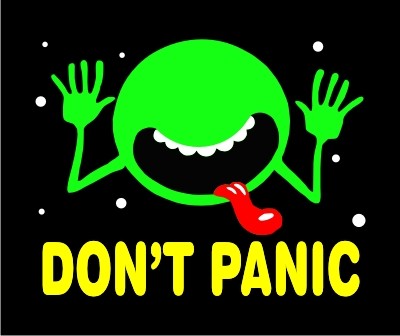 “DON’T PANIC” sticker with a green alien face, styled after The Hitchhiker’s Guide to the Galaxy