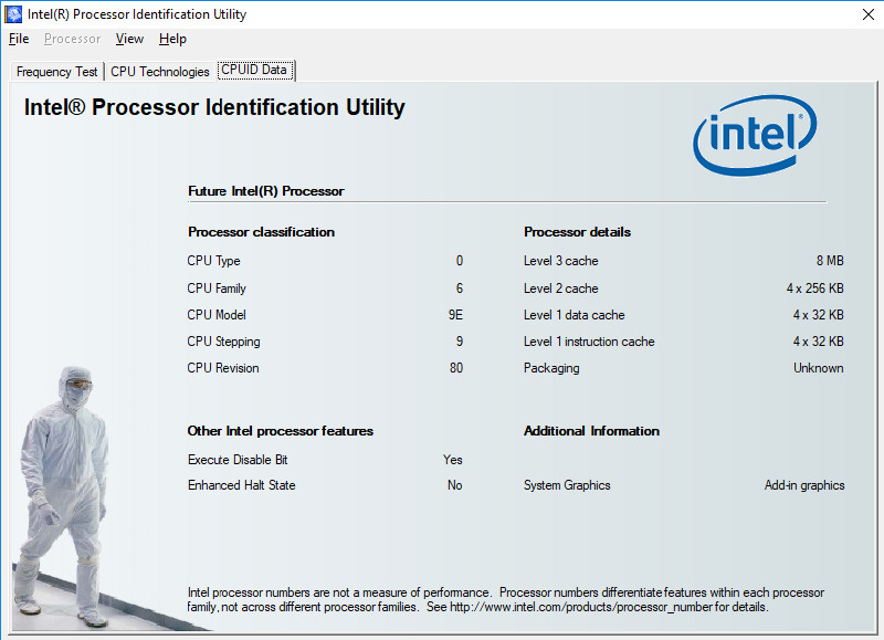 Intel Processor Identification Utility showing CPU family, model, stepping and cache details