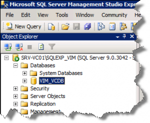 SQL Server Management Studio Object Explorer with the VIM_VCDB database selected