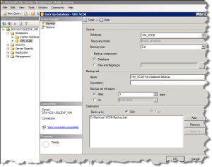 SQL Server Back Up Database window with backup options set