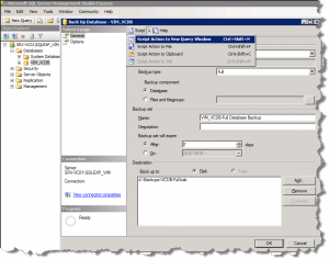 Back Up Database window Script menu with Script Action to New Query Window selected