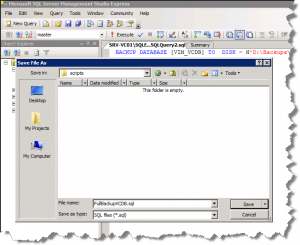 Save As dialog for saving the generated SQL backup script file
