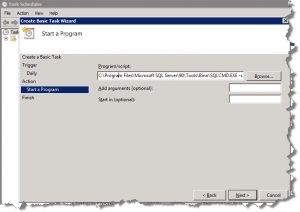 Windows Task Scheduler action screen with the SQLCMD backup command entered
