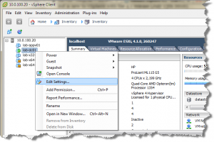 vSphere Client Edit Settings window for the virtual machine