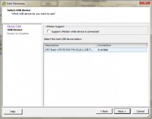 Add Hardware wizard listing the USB devices connected to the host