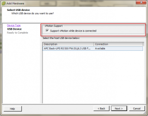 Add Hardware wizard with the APC UPS device selected and vMotion support enabled