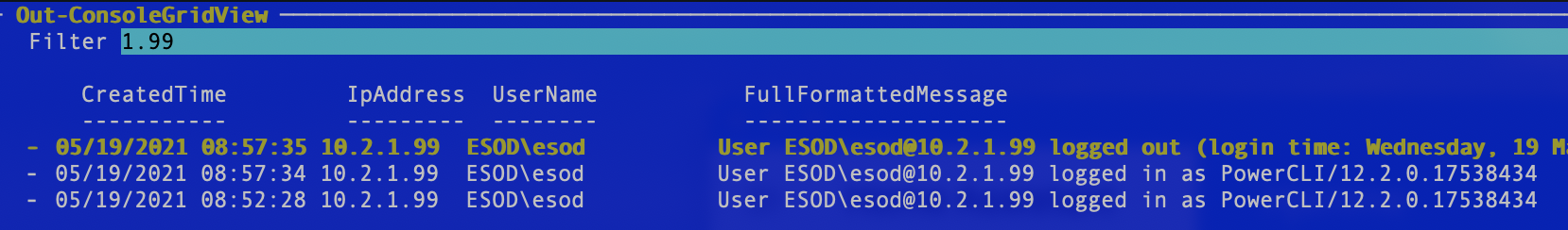 wsh MacOS PowerCLI Out-ConsoleGridView with Filter