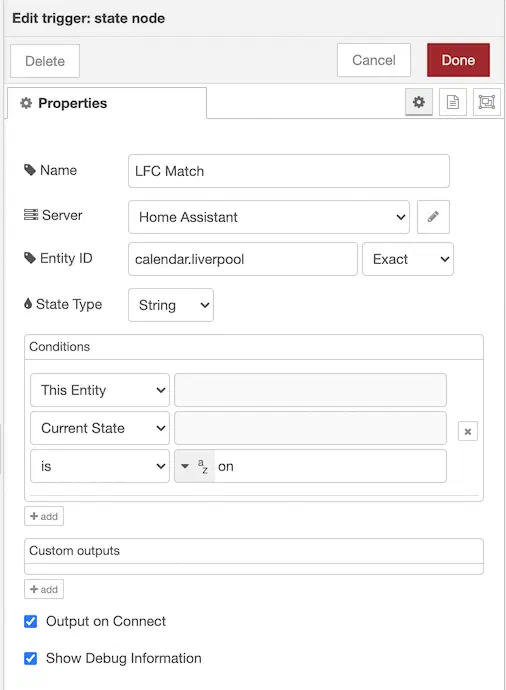Trigger state node configuration watching the Liverpool calendar for a match
