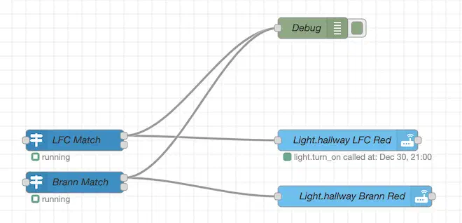 Node-RED flow changing hallway light color based on football match calendar events