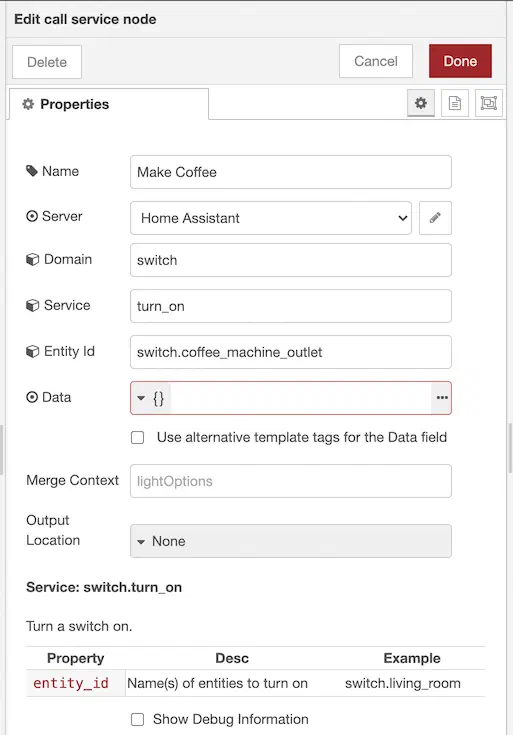 Call service node configuration turning on the coffee machine outlet switch