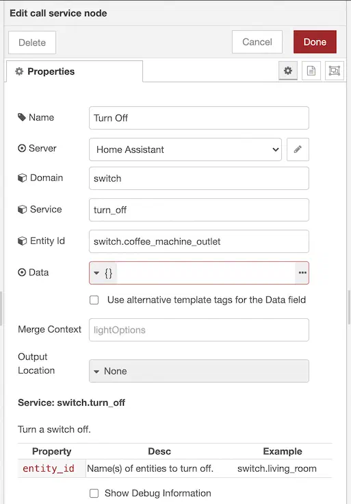 Call service node configuration turning off the coffee machine outlet switch