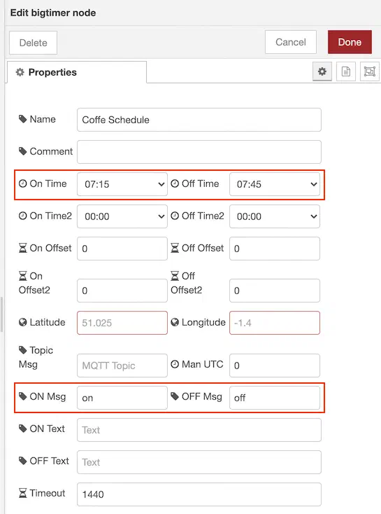 Bigtimer node configuration with on time 07:15 and off time 07:45