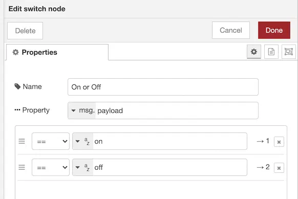 Switch node properties routing on and off payload values