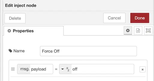 Inject node configuration setting payload to off for Force Off