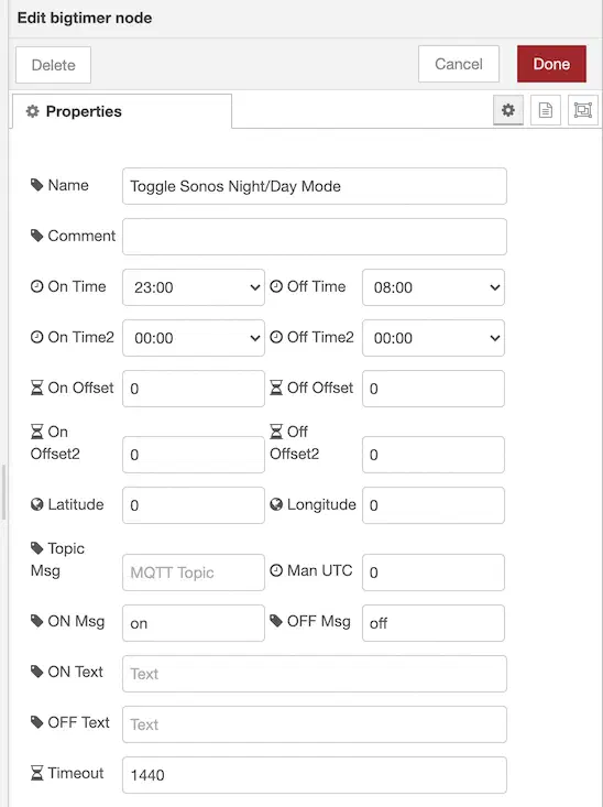 Bigtimer node configuration with on time 23:00 and off time 08:00