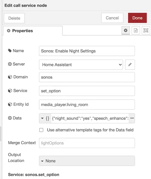 Call service node configuration enabling Sonos night sound and speech enhancement