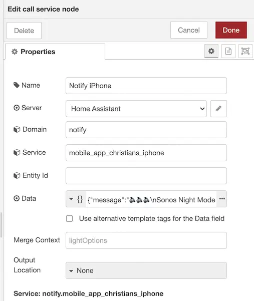 Call service node configuration sending a Sonos Night Mode notification to a phone