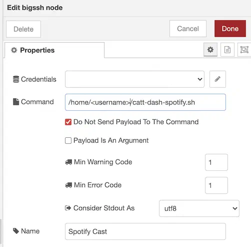 Node-RED bigssh node configuration running the Spotify cast script