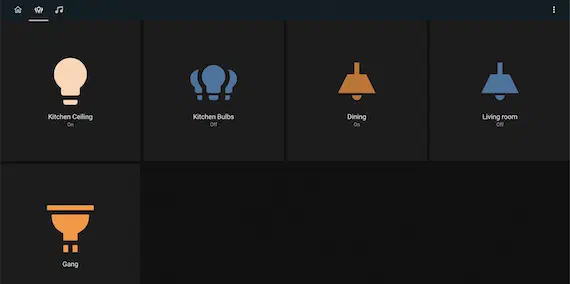 Lovelace dashboard lighting view with light tiles for each room