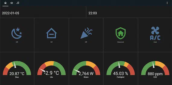 Lovelace touch dashboard main view with mode buttons and sensor gauges