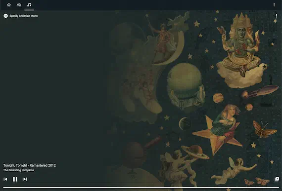 Lovelace dashboard media player view showing a Spotify track playing