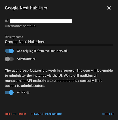 Dedicated HA user for Nest Hub