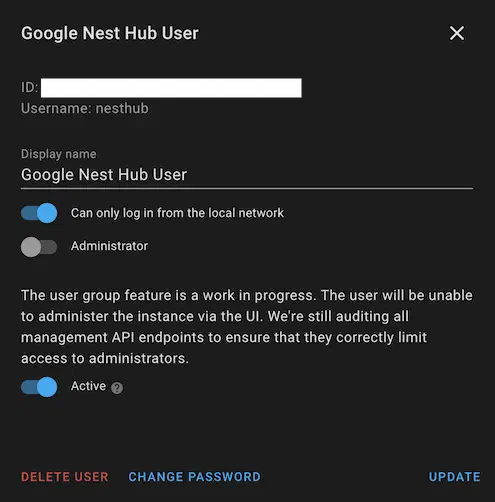 Home Assistant user settings screen for the Google Nest Hub account