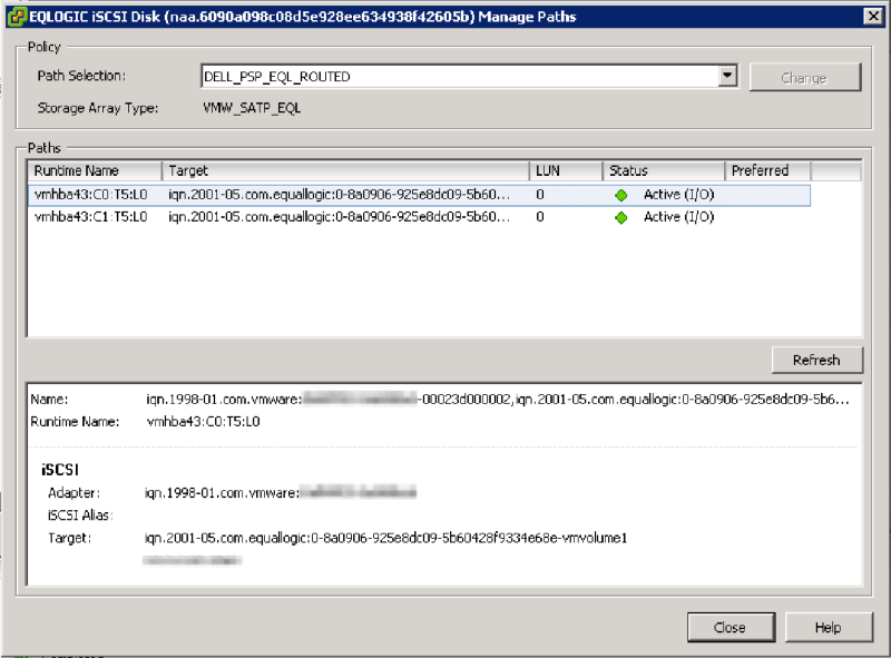 vSphere Client showing an EqualLogic iSCSI disk&rsquo;s manage paths dialog with two active paths
