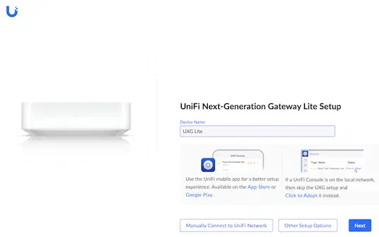 UniFi Next-Generation Gateway Lite setup screen with device name field