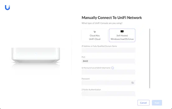UniFi manual connection screen for a self-hosted controller, showing IP address and port fields