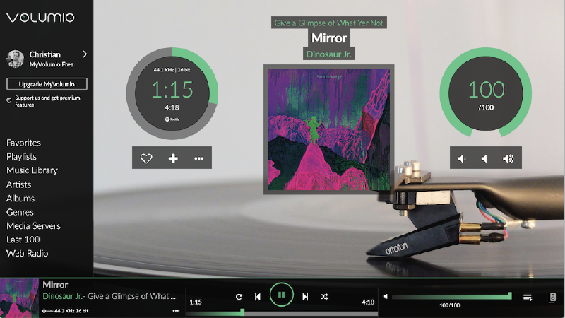 Volumio web interface playing a Dinosaur Jr. track with playback and volume controls