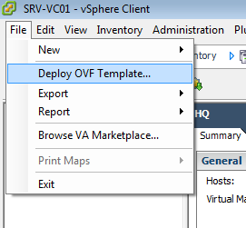 vSphere Client File menu with Deploy OVF Template highlighted