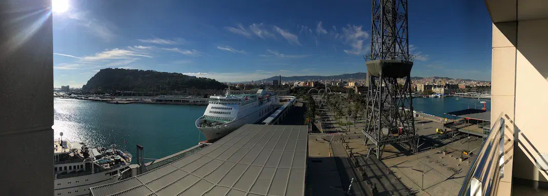 View of the Barcelona coastline and skyline from a hotel room