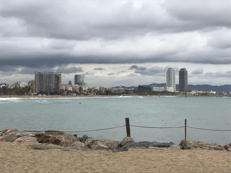 Barcelona beach and skyline seen from Salt Restaurant & Beach Club