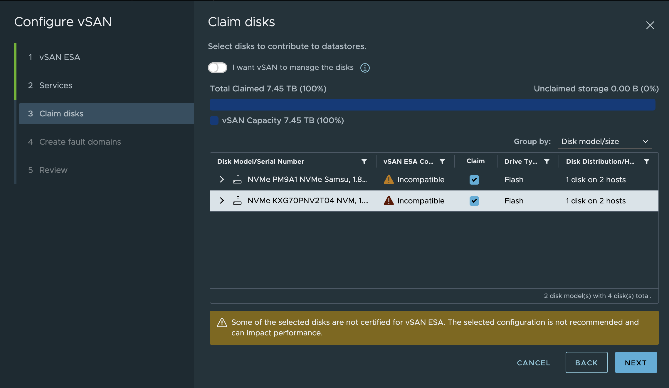 vSAN 8 ESA: Claim Disks