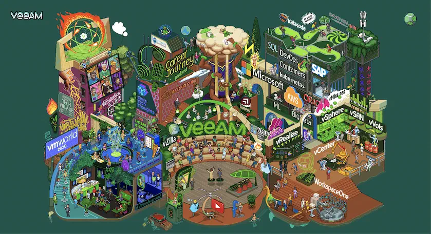 Isometric illustration of the VMworld 2020 vTrail Map virtual world with sponsor logos